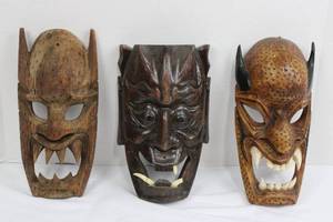 Hand-Carved Demon Masks - 3 Wooden Masks for Display Approximately 12Tall