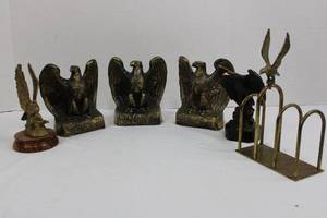 Solid Brass Eagle Figurines Set - 4 Large Eagles & Arch Stand & Wood Base - Taiwan Approximately 7 Tall
