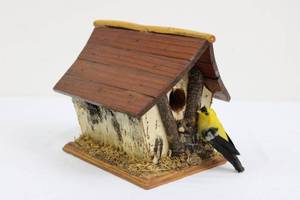Birdhouse - Birch Bark Cottage Style with Yellow Finch Figurine 8L x 8W x 7H