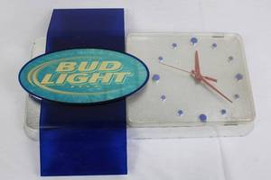 Bud Light Clock Sign with Blue Ribbon Accent (Tested, Clock in working condition) Approximately 25L