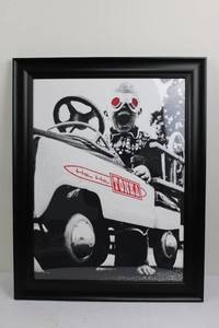 Tonka Framed Wall Art - Black & White Photo of Child in Gas Mask in Tonka Truck 28.5 x 22.5