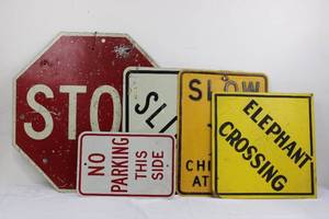 Vintage Road Signs - STOP Sign, Elephant Crossing, No Parking This Side (Lot of 5) Various Sizes