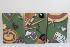 Three-Panel Casino Gaming Wall Art Triptych - Roulette, Cards & Pool Cues Canvas 25 x 13