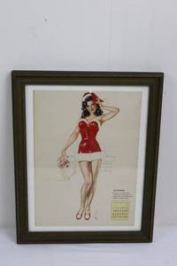Framed Vintage Pin-Up Calendar Print - Santa Girl in Red Velvet Dress, December 14.5 x 11.5