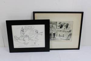 Vic Cartoon Print Pair - 2 Framed Black Wood Frames, German Humor & Bar Scene