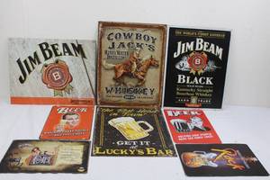 Vintage Beer & Whiskey Tin Signs (Lot of 6) - Jim Beam, Cowboy Jacks Whiskey, Luckys Bar