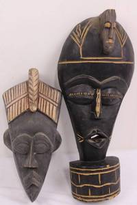 Pair of Hand-Carved Wooden Tribal Masks with Gold Inlay - 2-Piece Set