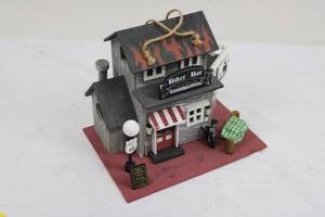 Biker Bar Miniature on Red Base with Route 66 Sign - 2-Story Wooden Model