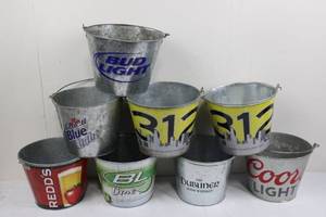Vintage Tin Beer Buckets (Lot of 8) - Bud Light, Coors Light, Labatt Blue Light
