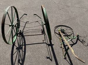 Antique 23.5 Single Wheel Push Plow and Antique Milk Cart with 35.5 Wheels