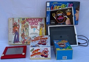 Vintage Game and Toy Bundle with Lite Brite, Mr Potato Head, Etch a Sketch, Hot Potato and Mystery Date Game