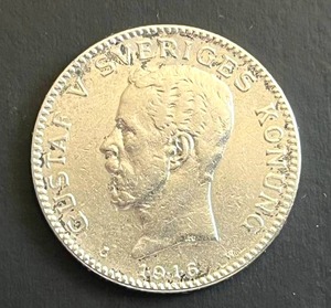 Antique 1916 Sweden 1 Krona Silver Coin Gustav V, 80% Silver