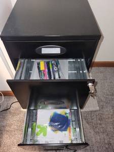 Black 3-Drawer Metal Filing Cabinet with office supplies