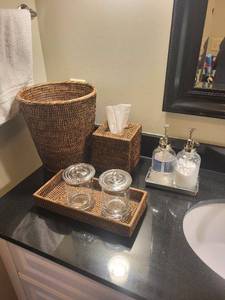 Woven Bathroom Set Wastebasket, Tissue Box Cover, Glass Jars with Lids, Soap Dispensers