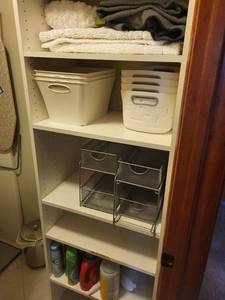 Storage Cabinet Organizers with 2 White Bins, 2 Wire Mesh Baskets, mats & Cleaning Supplies