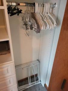 Assorted Clothes Hangers (White Plastic, Clear & Gray) & Folding Drying Rack