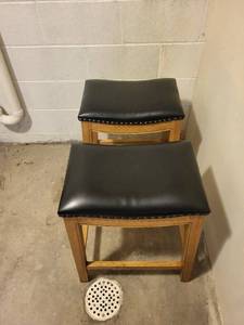 Bar Stool Set of 2 - Wood Frame, Black Vinyl Cushions with Nailhead Trim