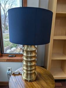 Brass Ribbed Table Lamp - Navy Blue Drum Shade