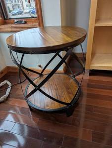 Round Wood Top End Table - Iron X-Frame with Lower Shelf