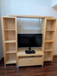 Oak TV Entertainment Center with Glass Shelf, Drawer, and Twin Bookcases