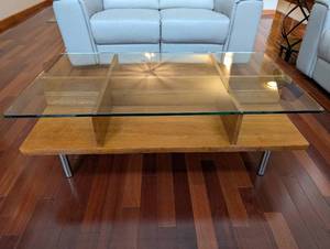 Glass Top Coffee Table - Wood Base & Metal Legs