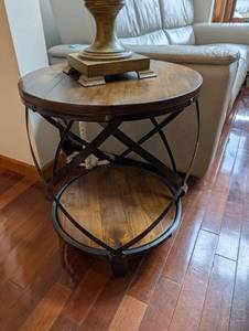Round Wood Top Side Table - Iron X-Frame Base