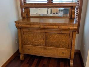 Antique Oak Mission-Style Dresser with Mirror - Carved Sides, 2-Door Cabinet