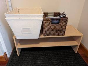 Wood Storage Console Shelf - 2 White Fabric Bins & Woven Basket