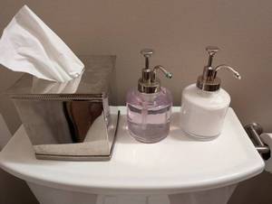 Bathroom Accessory Set - Silver Colored Tissue Box Cover, Pink Soap Dispenser, White Lotion Dispenser, and Waste Basket (Lot of 4)