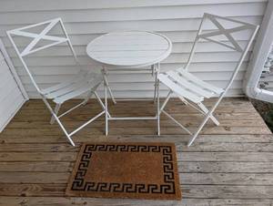 White Metal Outdoor Patio Table with 2 Folding Chairs - Round Bistro Set