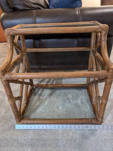 Rattan Glass-Top End Table with Lower Glass Shelf - Natural Brown Finish