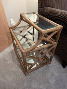 Rattan End Table with Glass Top - Two-Tier Indoor Furniture