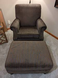 Ethan Allen Armchair & Ottoman - Striped Upholstery in BrownBlueGold