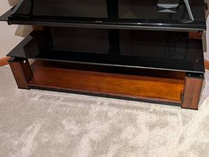 Entertainment Console TV Stand - Black Glass Shelves & Wood Base