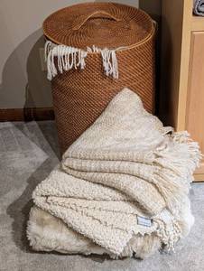 Pottery Barn Basket with Lid & Throw Blankets