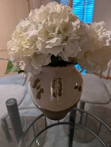 White Hydrangea Arrangement in Crackle-Glaze Ceramic Jug Vase