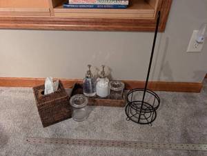 Toilet Paper Holder Floor Stand with Glass Jars & Soap Dispensers