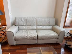 Chateau D'Ax Powered Reclining Leather Sofa - 84 x 38 x 35 in - Light Gray/Beige