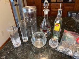 Tablecraft Clear Glassware Lot - Oil Dispenser, Embossed Rooster Canister, Decanters & Orbs