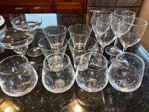 Clear Glass Stemware Assortment - Wine Glasses, Coupes, Goblets & Tumblers