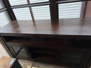 Dark Walnut TV Console Cabinet - 60in Wide, Glass-Front Left & Open Center Shelves