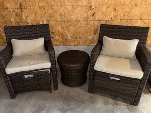 Wicker Patio Chairs With Cushions and Pull Out Ottomans & Round Storage Side Table - 3-Piece Outdoor Set