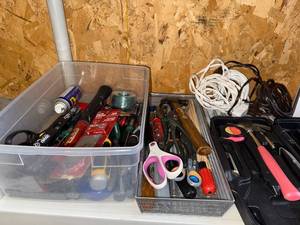 Assorted Hand Tools - Scissors, Pliers, Hammers, Tape Measures & Screwdrivers