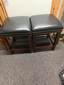 Pair of Dark Wood Bar Stools with Black Leatherlike Seat and Nailhead Trim