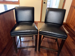 Bar Stool Set of 2 - Dark Wood with Black Leather Seats with Nailhead Trim