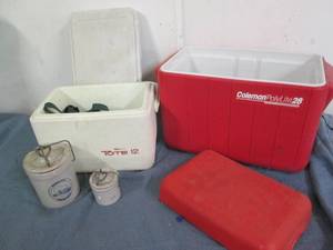 2 Coolers and vintage stoneware...