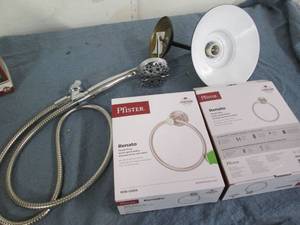 Shower head, light and towel rings...