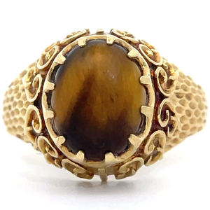 Tigers Eye Honeycomb Textured Vintage Estate Ring in 18k Yellow Gold VIDEO