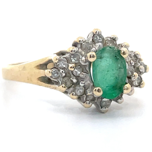 Estate Natural Emerald & Natural Diamond Cluster Split Shank Ring in 14k Yellow Gold VIDEO