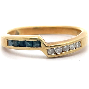 Estate Natural Blue Sapphire & Natural Diamond Zig-Zag Channel Ring in 14k Yellow Gold VIDEO